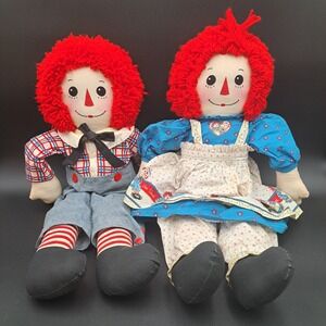 Vintage Beloved 24" Raggedy Ann & Andy Plush Doll Set Red Yarn Hair Cloth Dolls